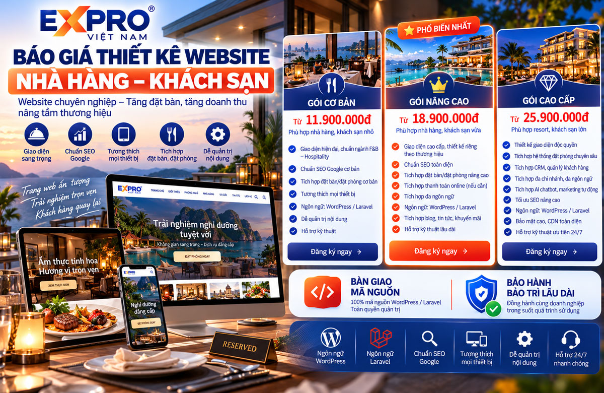 Báo giá thiết kế website nhà hàng khách sạn